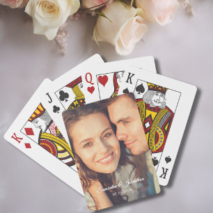 Custom Photo White Script Wedding Favor Poker Cards