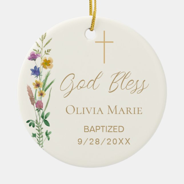 Custom Photo Wildflower Baptism  Ceramic Ornament (Front)