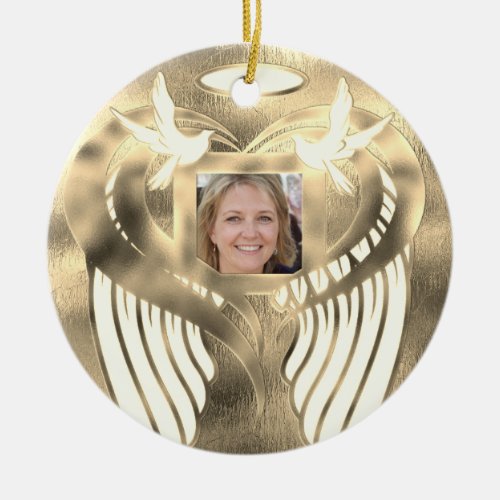 Custom Photo Wings and Heart Memorial Ceramic Ornament