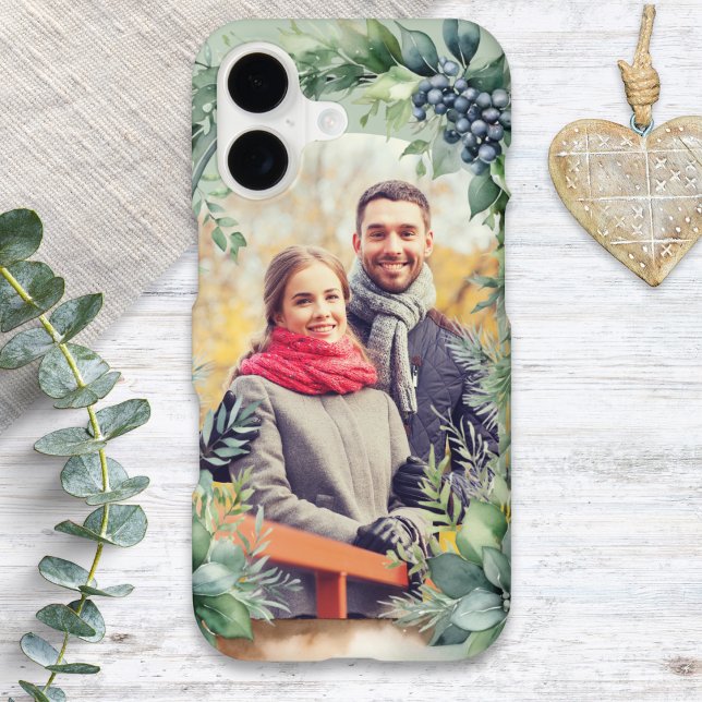 Custom Photo Winter Botanical Greenery Arch iPhone Case (A phone case with custom photo, with greenery arch design)