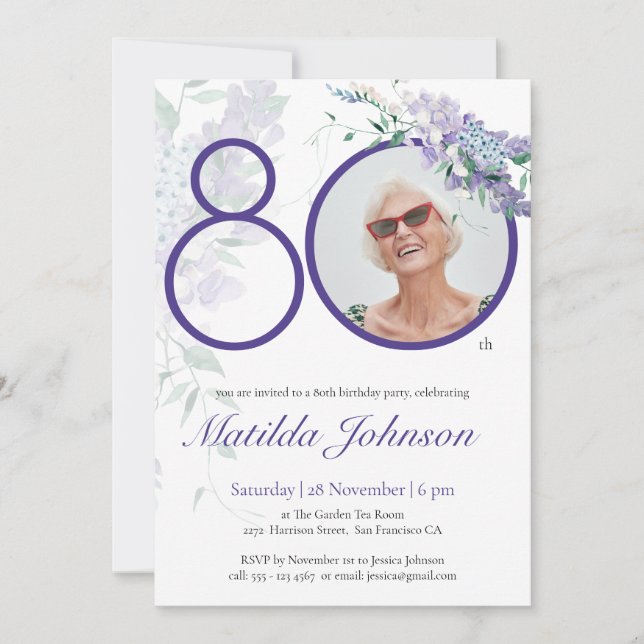 Custom Photo Wisteria Floral Purple 80th Birthday  Invitation (Front)