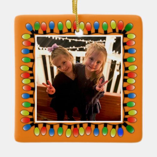 Custom Photo with back text Party Lights  Orange Ceramic Ornament
