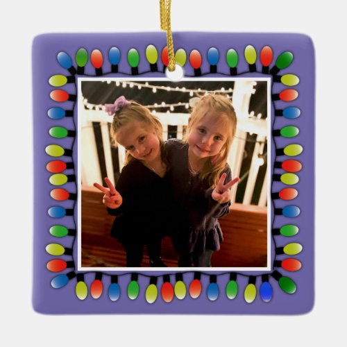 Custom Photo with back text Party Lights Purple Ceramic Ornament