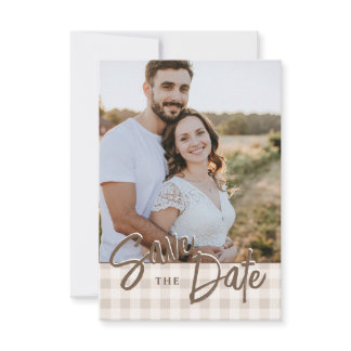 Custom Photo With Beige Gingham Save The Date