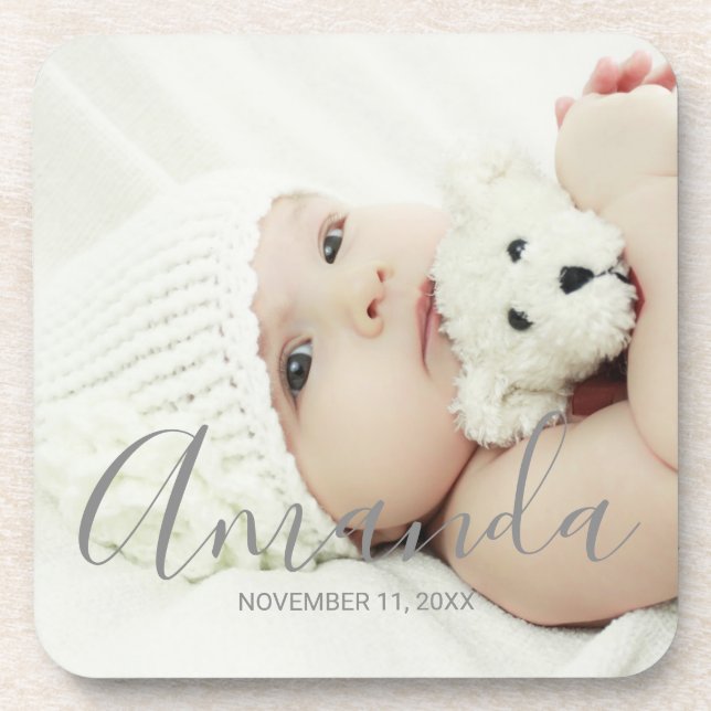Custom Photo with Custom Name and Text Beverage Coaster (Front)