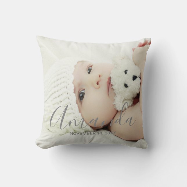 Custom Photo with Custom Name and Text Throw Pillow (Front)