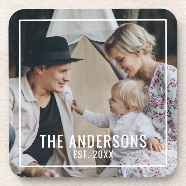 Custom photo with family name and established year beverage coaster (Front)