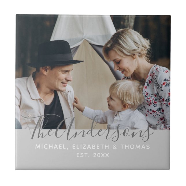 Custom photo with family name and established year ceramic tile (Front)