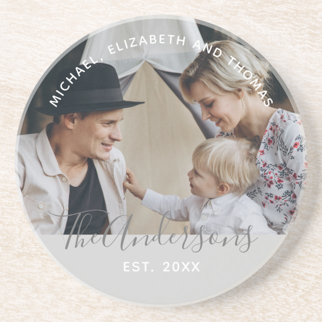 Custom photo with family name and established year coaster (Front)