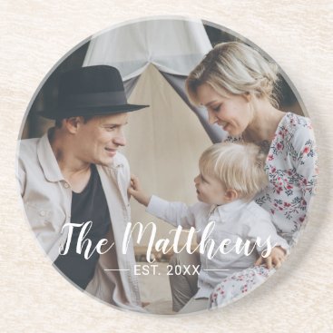 Custom photo with family name and established year coaster