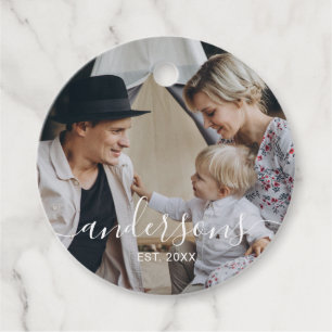 Custom photo with family name and established year favor tags