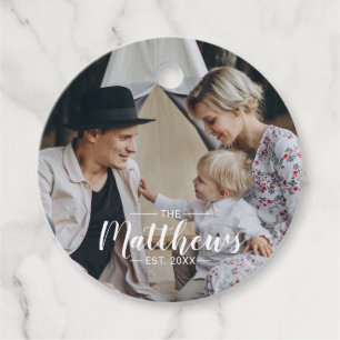 Custom photo with family name and established year favor tags