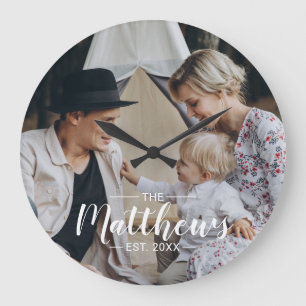 Custom photo with family name and established year large clock
