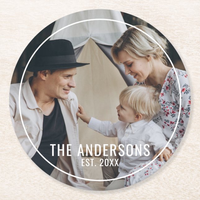 Custom photo with family name and established year round paper coaster (Front)