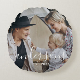 Custom photo with family name and established year round pillow