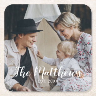 Custom photo with family name and established year square paper coaster