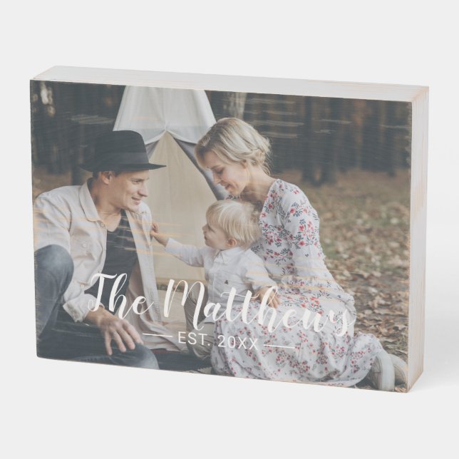 Custom photo with family name and established year wooden box sign (Angled Horizontal)