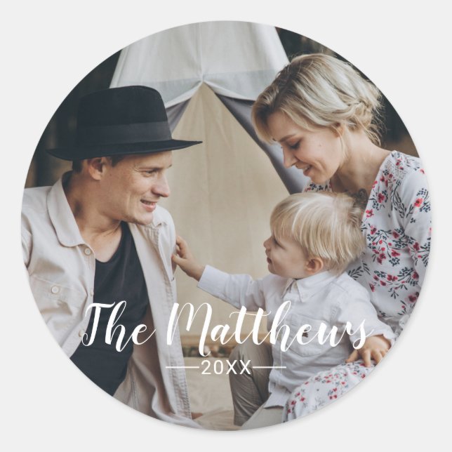 Custom photo with family name holiday classic round sticker (Front)