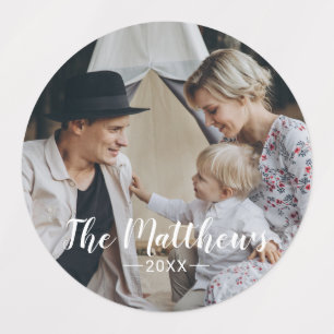 Custom photo with family name holiday labels