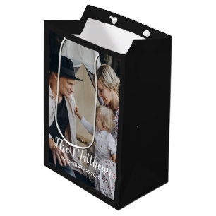 Custom photo with family name holiday medium gift bag