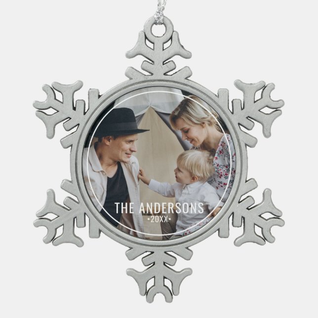 Custom photo with family name snowflake pewter christmas ornament (Front)