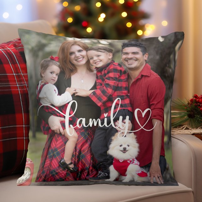 Custom Photo with Family Script Overlay Throw Pillow (Custom Photo with Family Script Overlay Double Sided Throw Pillow - Just add your favorite photo)