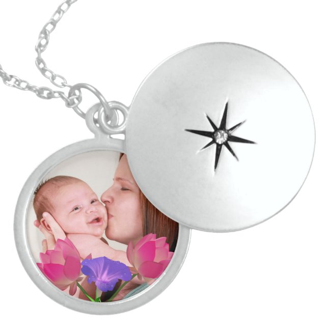 Custom Photo with Flowers Overlay Mother's Day Locket Necklace (Front)