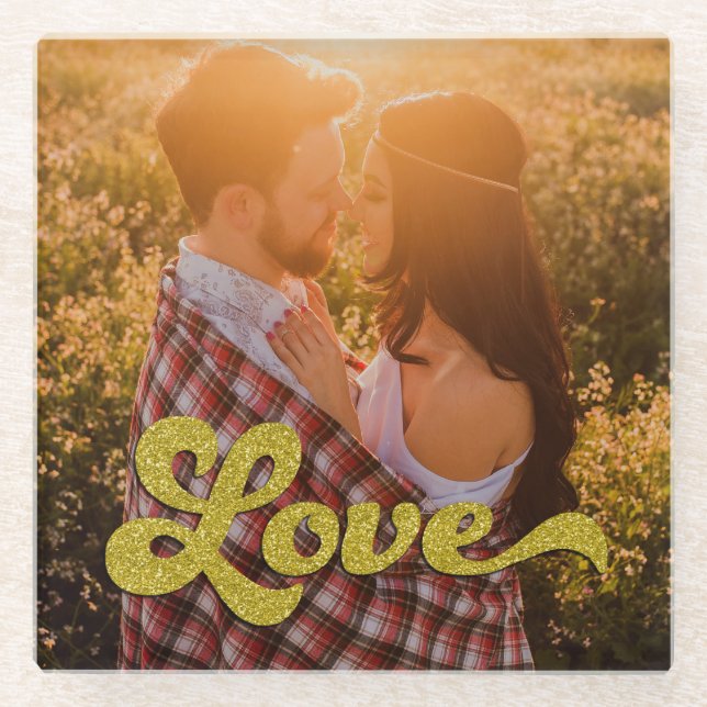 Custom Photo with Gold Love Overlay Glass Coaster (Front)