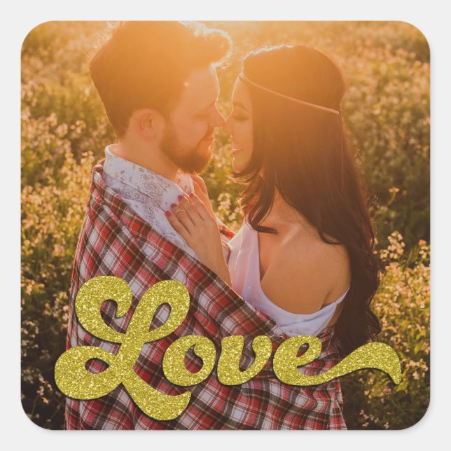 Custom Photo with Gold Love Overlay Square Sticker (Front)