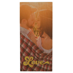 Custom Photo with Gold Love Wood Flash Drive