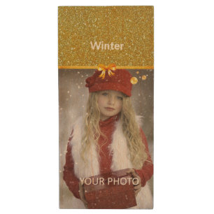 Custom Photo with Golden Glitter Accent Wood Flash Drive