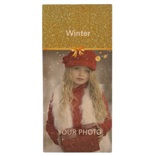Custom Photo with Golden Glitter Accent Wood Flash Drive