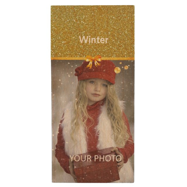 Custom Photo with Golden Glitter Accent Wood Flash Drive (Front Vertical)