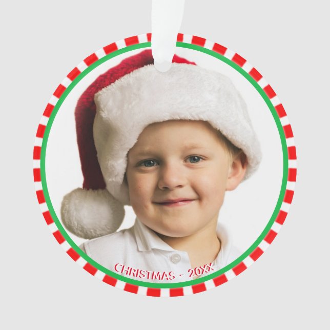 Custom Photo with Green Red & White Frame Ornament (Front)