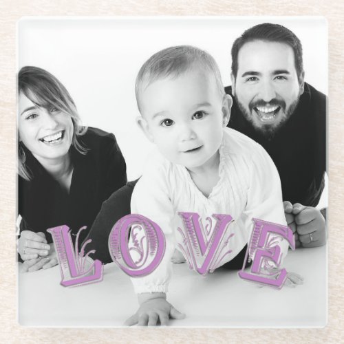 Custom Photo with Love Lettering Overlay Glass Coaster