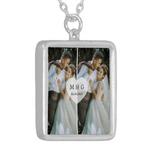 Custom Photo with Monogram and Date Symbol of Love Silver Plated Necklace