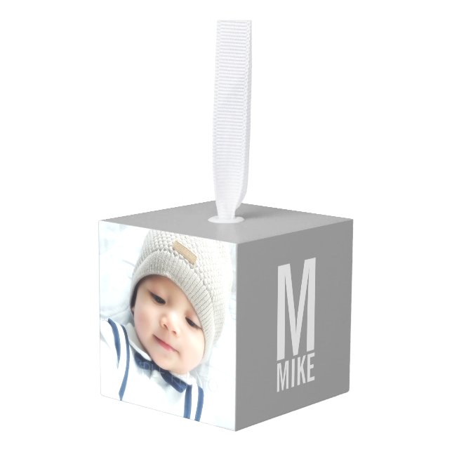 Custom Photo with Monogram and Name Cube Ornament (Front Angled)