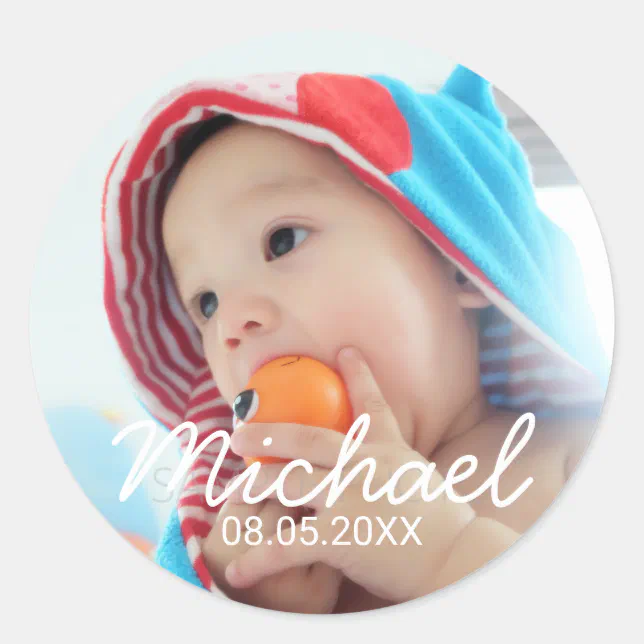 Custom Photo with Name and Date Classic Round Sticker | Zazzle