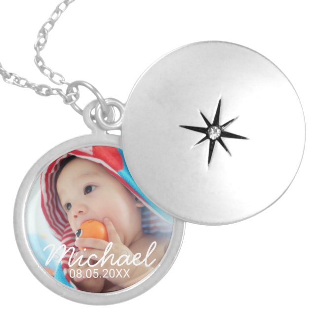 Custom Photo with Name and Date Silver Plated Necklace (Front)