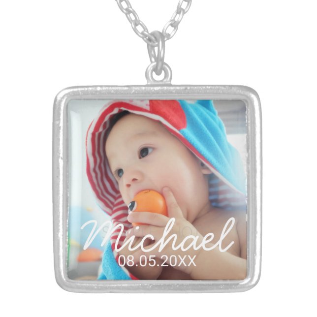 Custom Photo with Name and Date Silver Plated Necklace (Front)