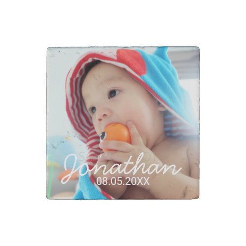 Custom Photo with Name and Date Stone Magnet