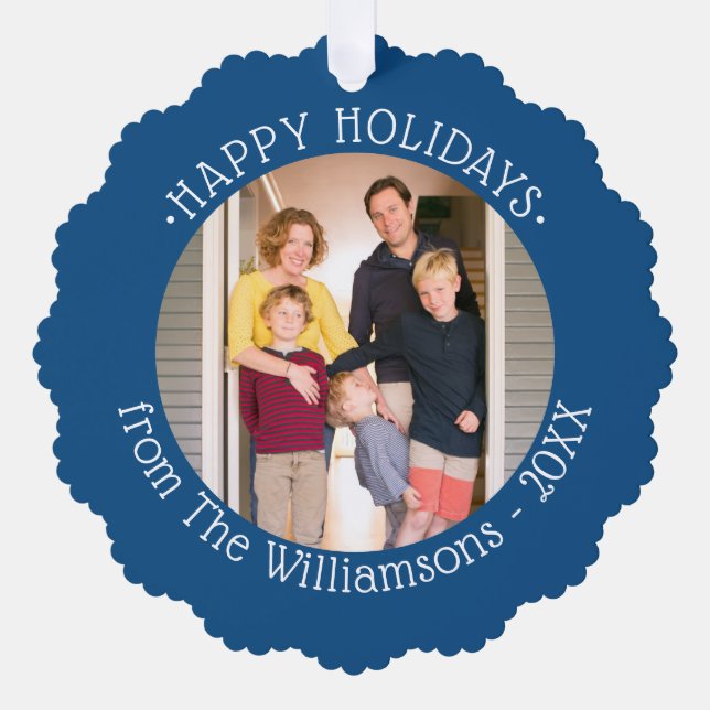 Custom Photo with Name Blue Border Holiday Ornament Card (Front)