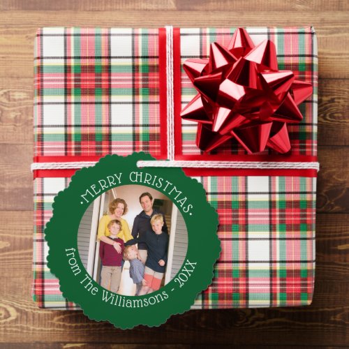 Custom Photo with Name Green Border Christmas Ornament Card