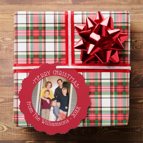Custom Photo with Name Red Border Christmas Ornament Card