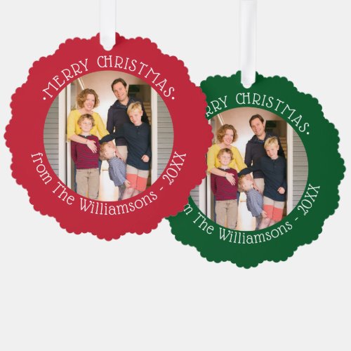 Custom Photo with Name Red Green Borders Christmas Ornament Card