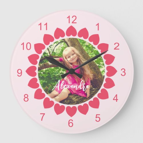 Custom Photo with Peachy Hearts Circle Large Clock