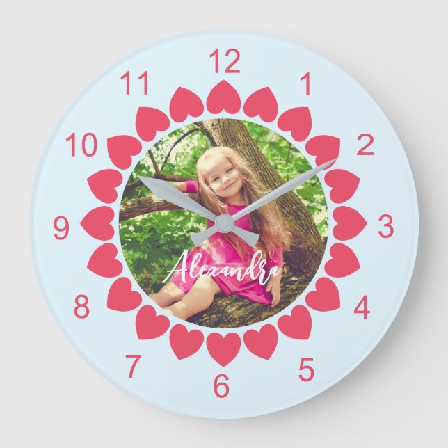 Custom Photo with Peachy Hearts Circle Large Clock (Front)