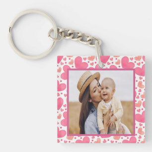 Custom photo with pink hearts background keychain