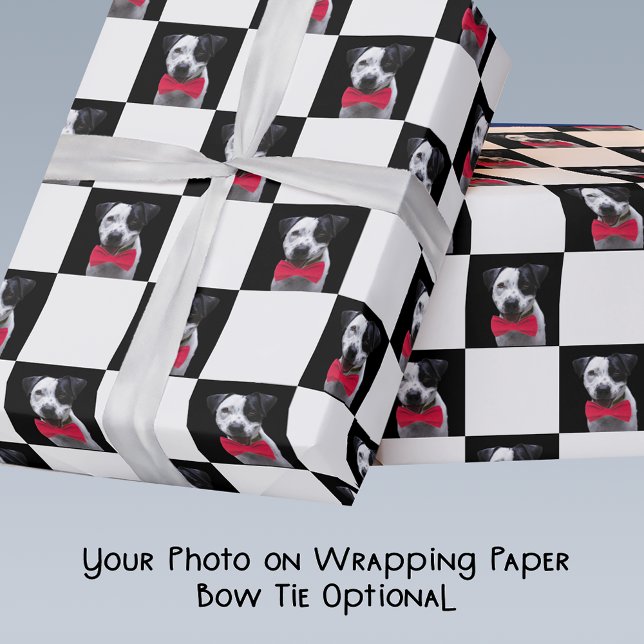 Custom Photo with Red Bow Tie Black White Checker  Wrapping Paper (Creator Uploaded)