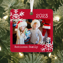 Custom Photo with Snowflakes Red Metal Ornament